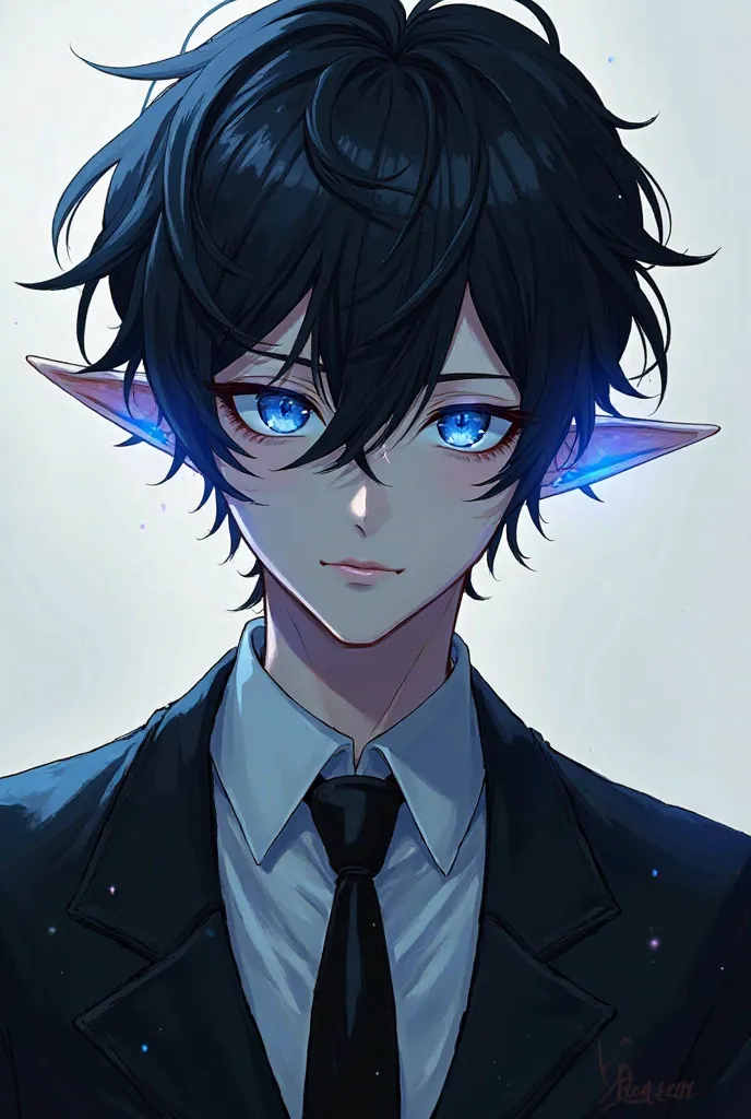 Male anime with black suit and tie glasses messy hair and with a black tuft white skin blue elf ears for profile picture