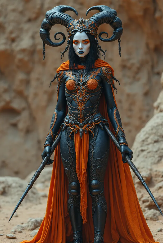  Beautiful Real Looking Woman a Demonic Scorpio Queen,  her face pale , Gothic make up,  long thick Eyelashes, Kissable Blue Mouth, Orange eye Shadow, Black Scorpio Skin Covering her Body and the  top of her Head , Cool unusual Crown on her head, from Wais...