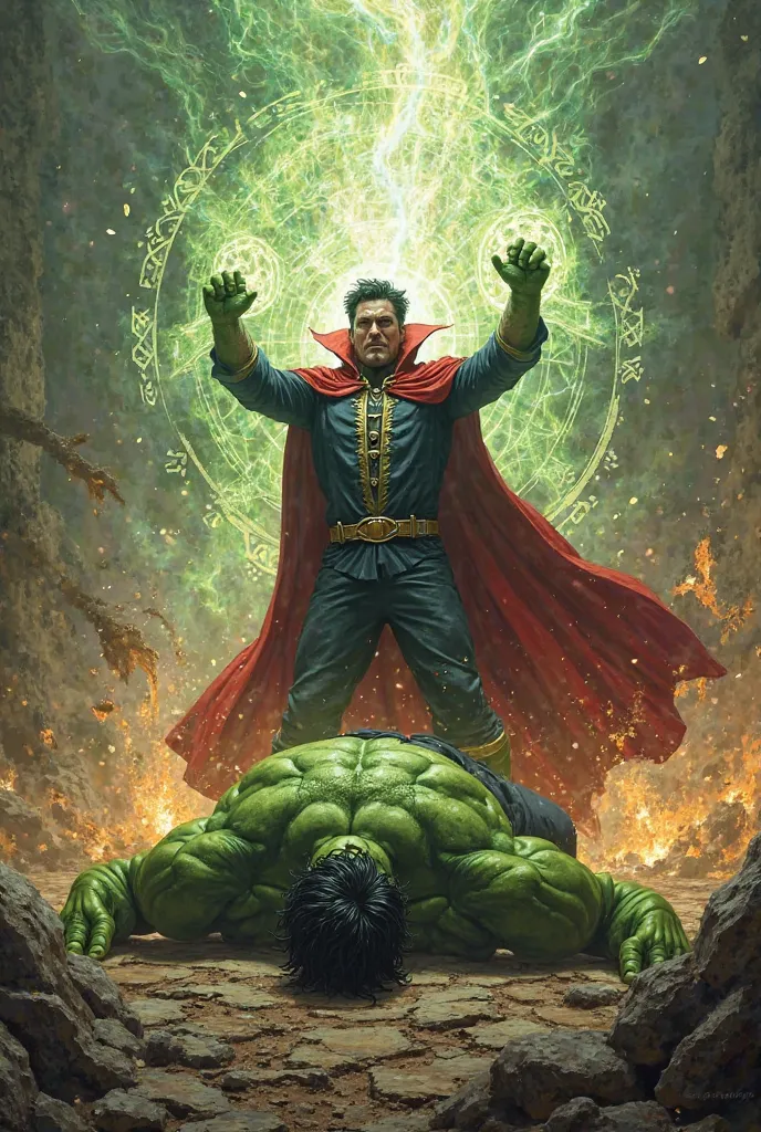 doctor strange overthrows hulk by magic, hulk dies on the ground