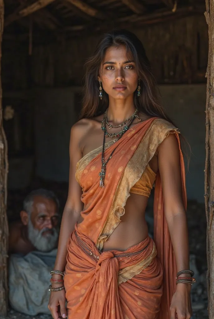 photo of a Beautiful Indian Woman with white Skin, Wearing a low cut (any colour)saree without blouse navel exposed and is inside a barn, she's tired and her saree is torn,there's a old man sleeping behind her