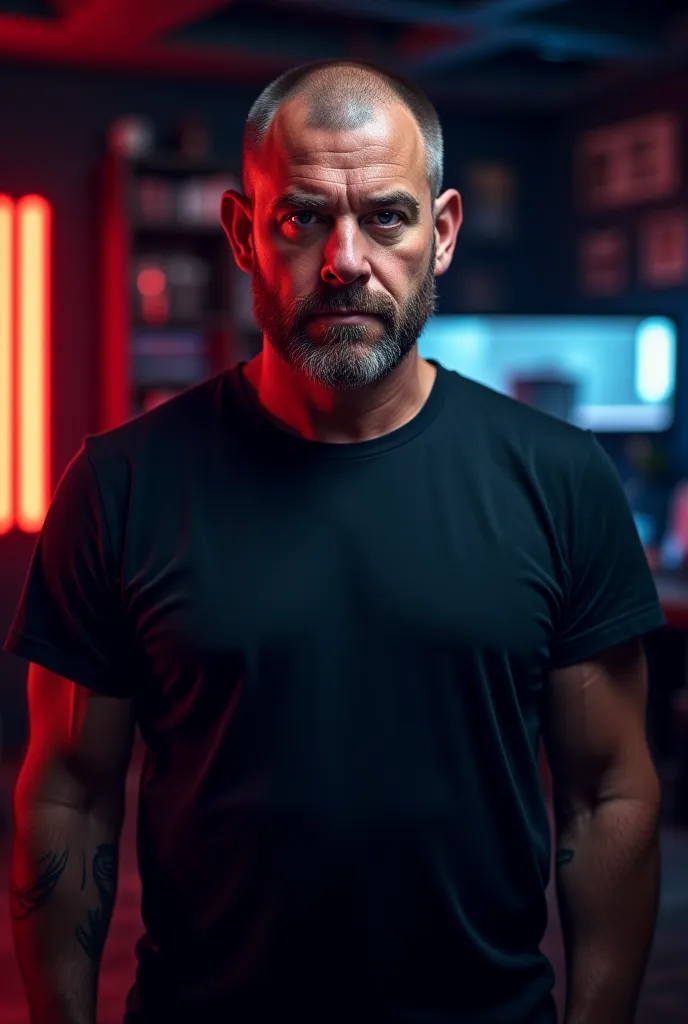 "A powerful and intense portrait of Joe Rogan, standing tall with a confident and focused expression. He is dressed in a fitted dark t-shirt or a casual button-up, highlighting his strong and rugged presence. His shaved head and neatly groomed beard add to...