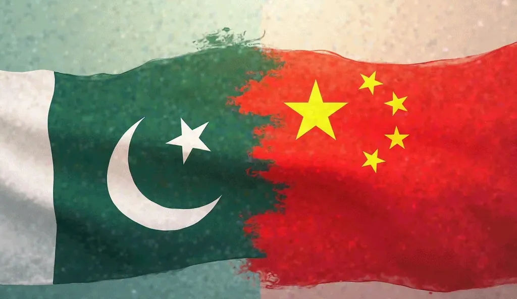 Photo of half side Pakistan flag and half side China flag