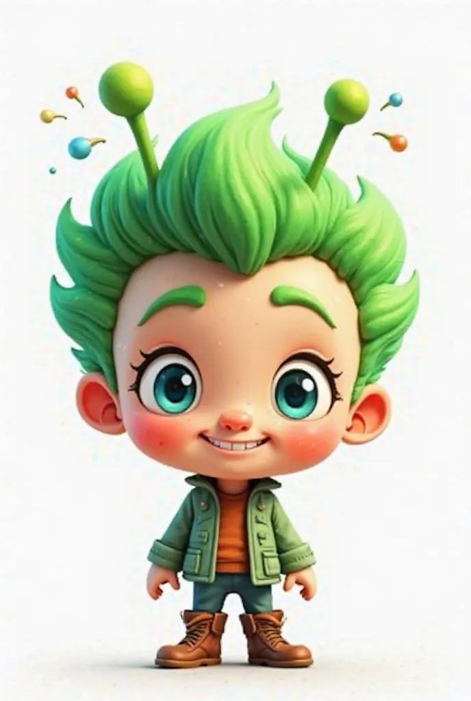 Generate me a boy with green hair and the alien antennas with a super cartoonish and round art style with a symmetrical body and face with blue eyes and a white background