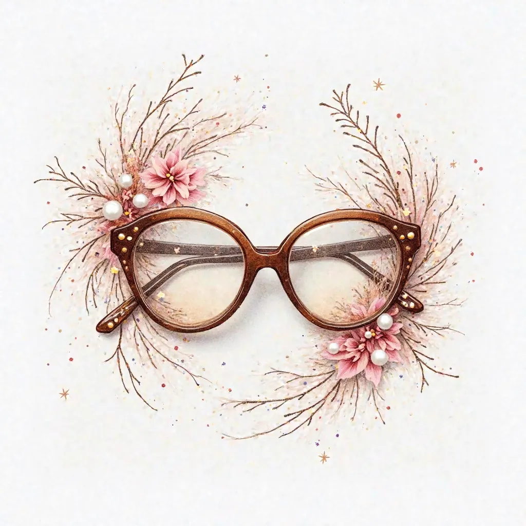 3d, Dessin au crayon, white background, shades of brown ,  light pink and taupe, filaments graphiques et abstraits, Haute définition, ajouter au centre glasses, ornements pearls and stars en parfaite harmonie avec l'ensemble de l'image