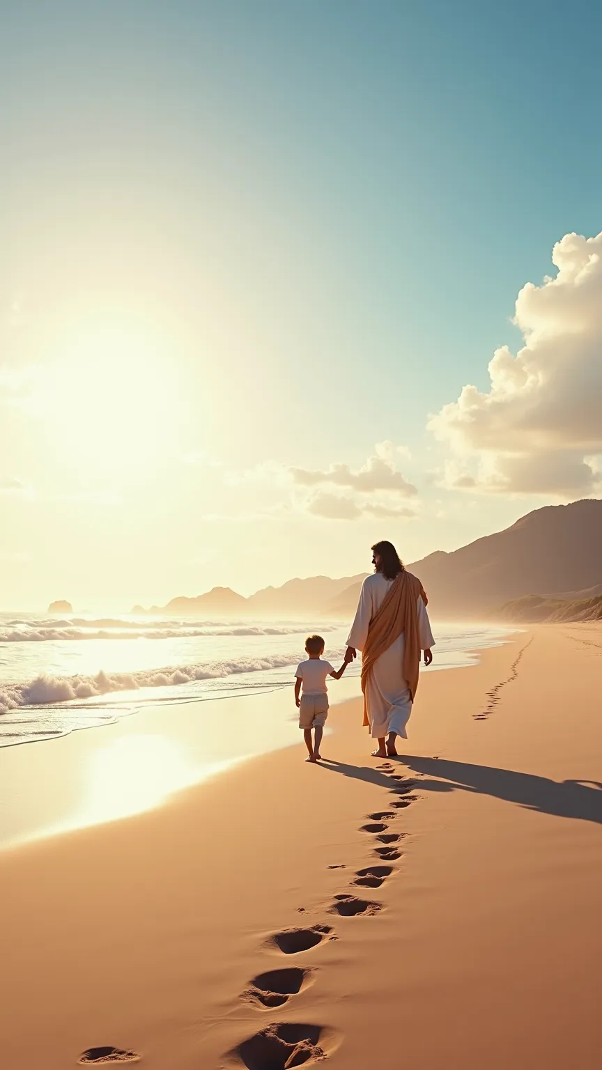 a bright morning sky, a quiet beach, jesus walking along the shoreline, leaving footprints in the sand, a young  holding his hand, highly detailed, photorealistic, 8k, 4k, hdr, studio lighting, vivid colors, masterpiece, ultra-fine painting, physically-bas...