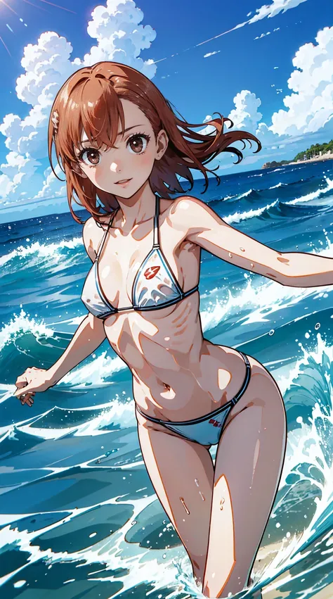 Waves rushing in 、ocean beach coast 、 white bikini、 nipples are visible through the water、Riding a surfboard、surfing、Inside the tube、Look at me、Be dynamic、 Misaka Mikoto、4K、high image quality、