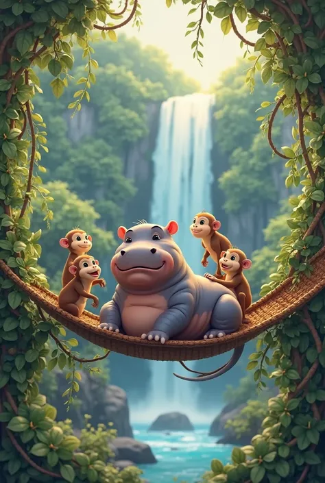 A very cute hippopotamus, sitting on a suspension bridge in a climbing forest. Next to him are 4 monkeys. In the background is a beautiful jungle landscape with a waterfall