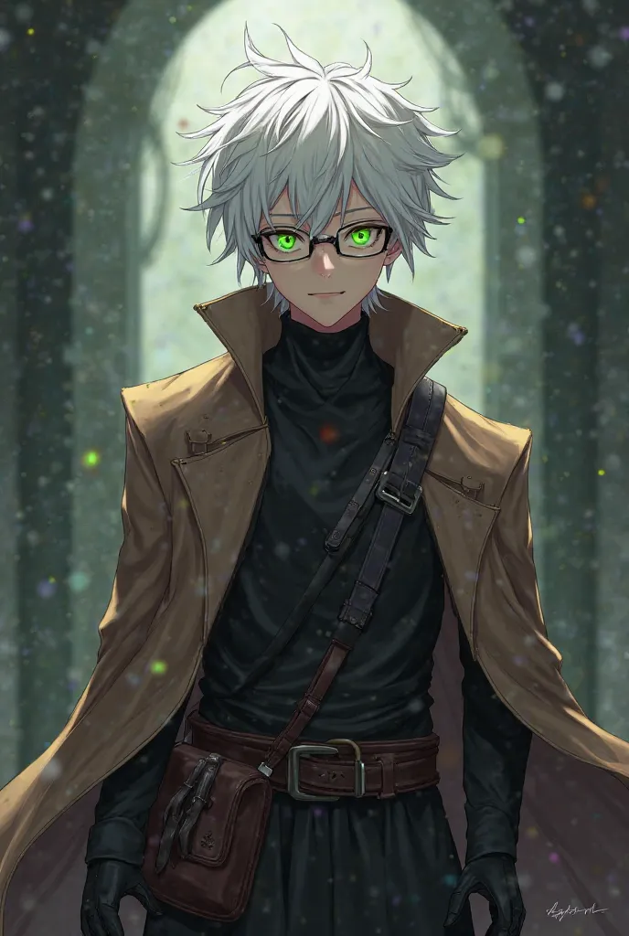 Male. White hair. Four eyes with green pupils. Glasses. Black male tunic. Brown male long coat. Leather shoulder bag. Leather fingerless gloves. Anime style