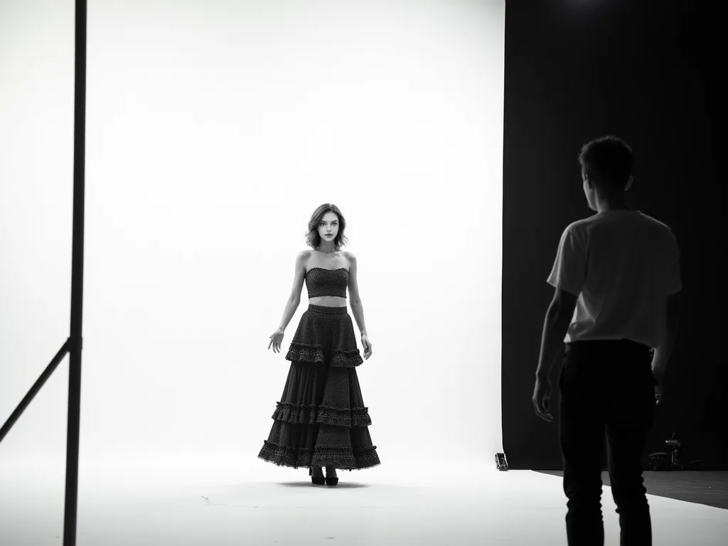 Full black and white shot of a photoshoot.  A person, possibly a photographer, is positioned facing away from the camera, with their back to the viewer. 


A woman is centrally positioned, in a pose suggesting a performance or artistic expression.  She is ...