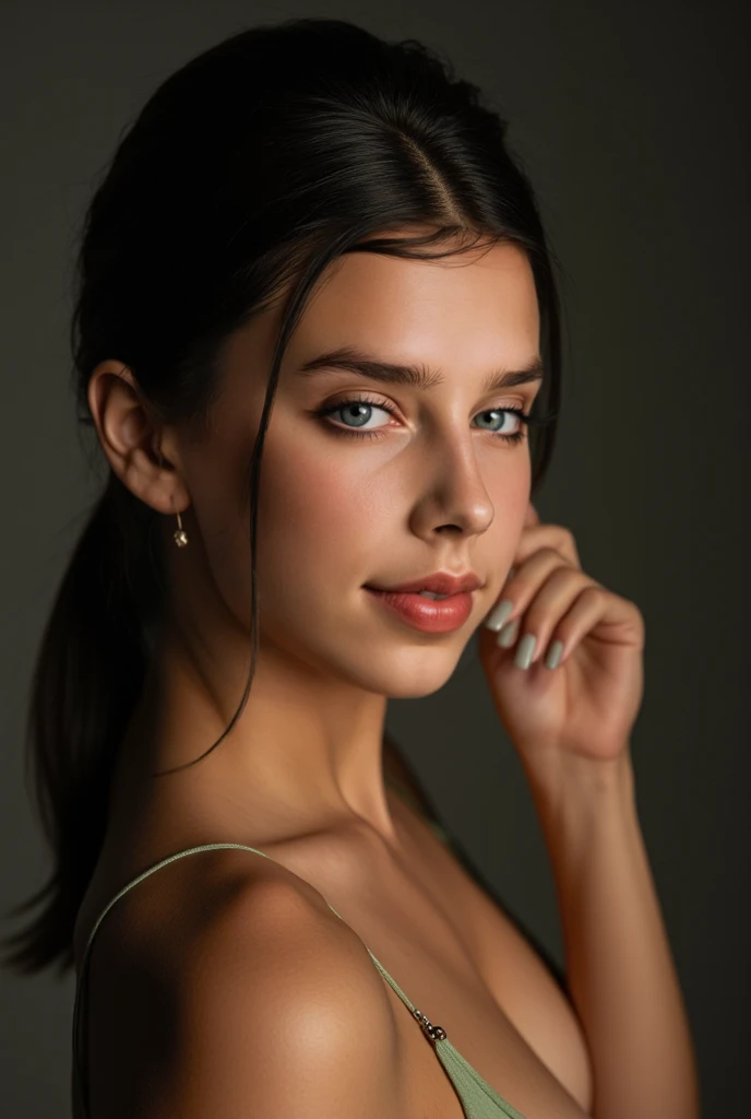 Photorealistic portrait of a supermodel in studio lighting, DSLLR 8K, ultra-sharp focus. Long oval face, dark-brown skin, Robust (green eyes:2), full glossy lips, seductive smile. (dark-black hair:1.4), (Modern hairstyle:2), widow's peak. Subtle smoky make...