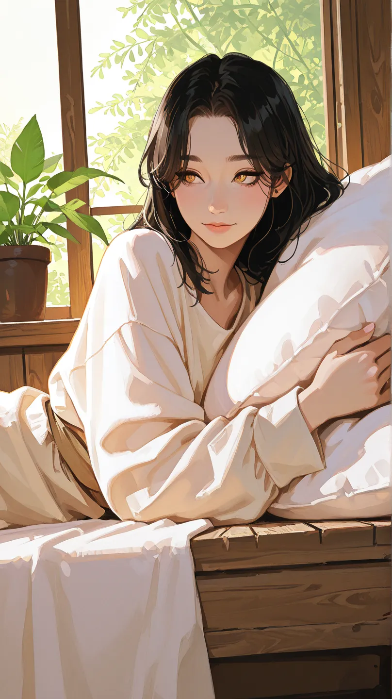 Masterpiece, Best Quality, Top Quality, Very Detailed, Anime-style illustration of a beautiful young woman with long, dark hair and golden eyes, resembling a mystical or supernatural being. She is lying on a soft pillow, bathed in warm golden sunlight stre...