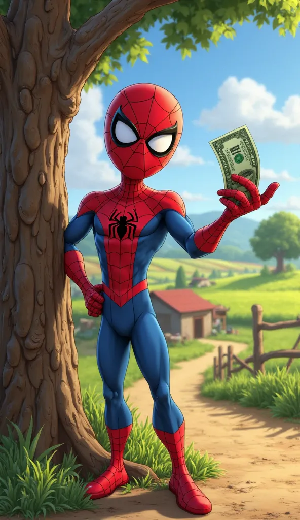 A stylized animated Spider-Man stands confidently next to a tree, holding a ten-dollar bill in his right hand. He is wearing his iconic red and blue suit adorned with a white spider emblem on the chest. The background features a rural landscape with green ...