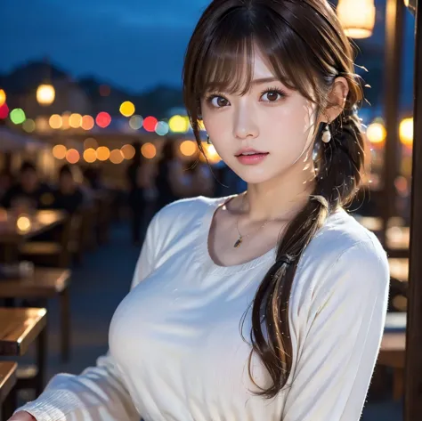 ((low right ponytail)),1 girl, beautiful girl、Alone, High Resolution, 最high quality, high quality, textured skin, Ultra High Precision,((beautiful big brown eyes)), ((brown hair)),((white t-shirt with black long sleeve knit and short jeans))、((Photograph f...