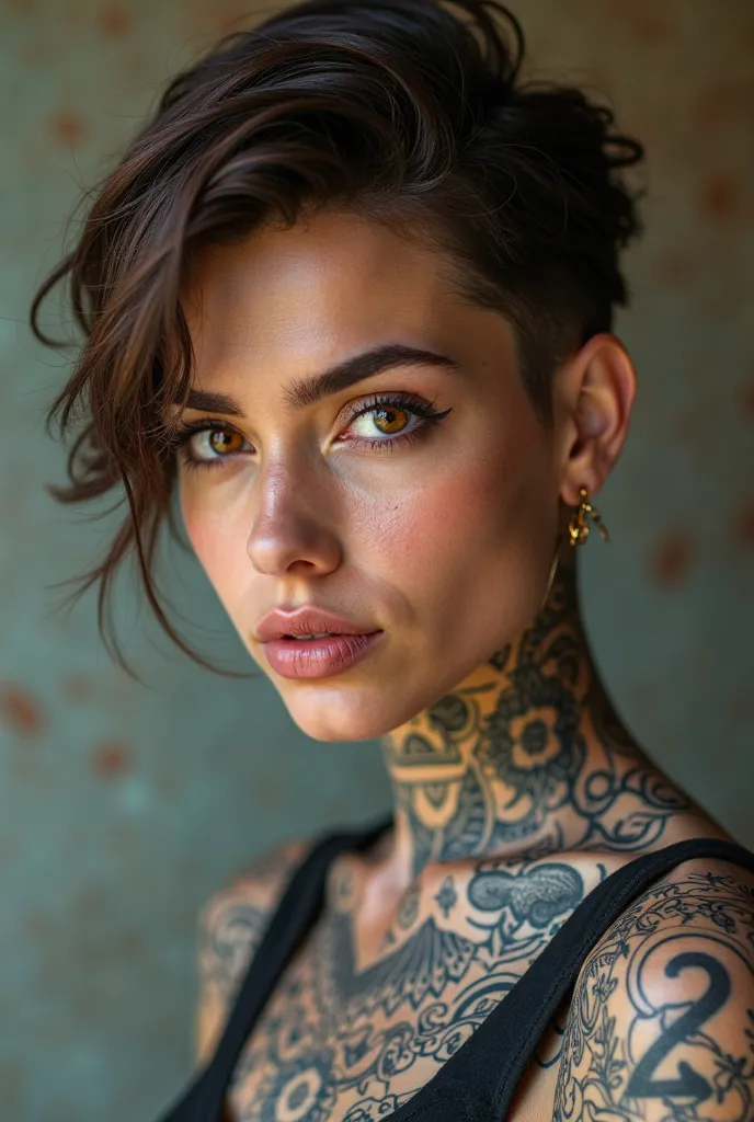 A woman, 24, iranian, short brown hair (pixie hair, sides shaved), brown eyes, white skin, wearing a black t-shirt, her neck and arms tattooed densely, portrait, realistic, hd 