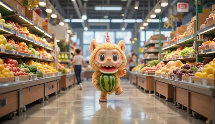 labubu dance and eat watermelon in supermarket