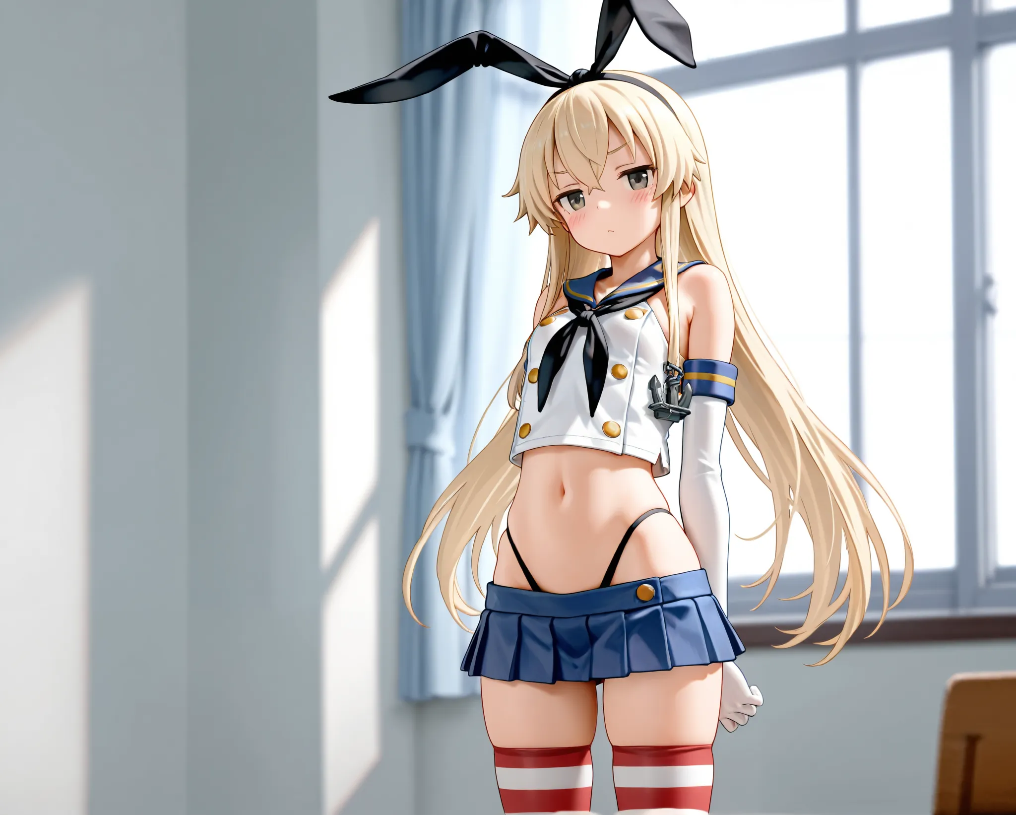 masterpiece, best quality, shimakaze from the kantai collection, standing,, grey eyes, blonde hair, 