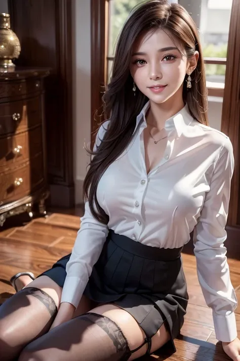 Elite secretary in a business shirt,  working in an office in fine weather,  Wear pantyhose 、 wearing high end heels 、 Girl in a low-neck shirt,  Meticulous beautiful big eyes ,  beautiful face with detailed facial details ,  in Business Suit , Female Merc...