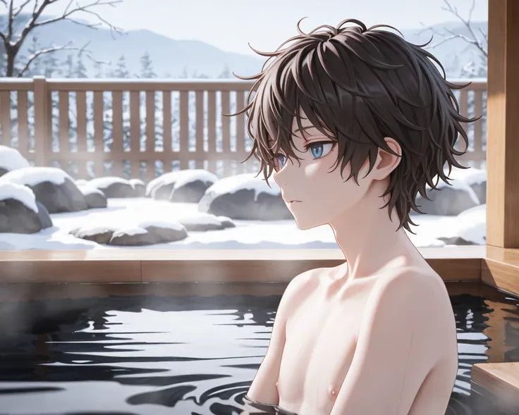 male, male focus, naked, short messy hair, in onsen, winter, very high quality, best quality, depth of field, bloom, drop shadow, atmospheric, sublime atmosphere, cinematic, very detailed, anatomically correct, ultra HD, very high resolution, refined, enha...