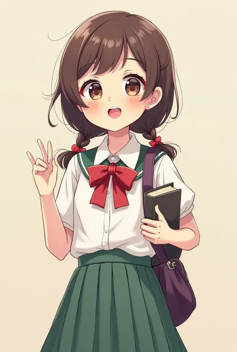 A cheerful young schoolgirl with a big head,wearing a white blouse with a red bow and a green pleated skirt. She has long brown hair styled in two braids with red ties., She holds a book in her right hand and carries a dark purple shoulder bag., Her expres...