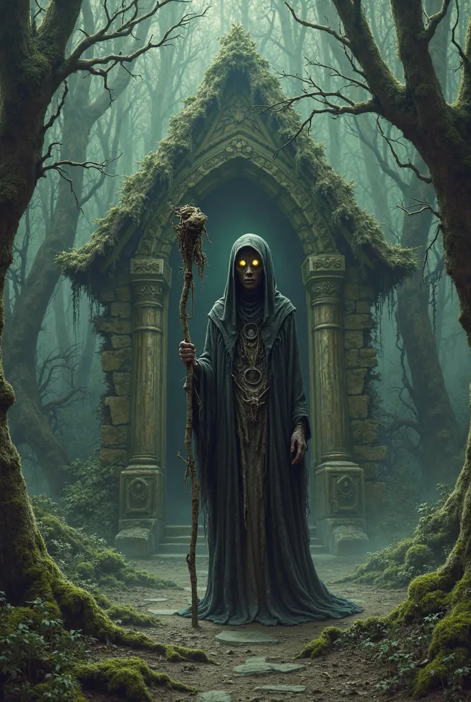 An eerie old woman draped in tattered robes, holding a staff made of snake bones. Her hollow eyes glow faintly as she stands before a crumbling shrine deep in the forest."



