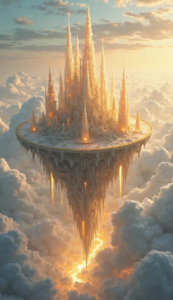 "Above the soft white clouds, a floating kingdom with crystal towers shimmering in the sun. Golden bridges connect the floating islands, The golden river flows from one island to another, creating luminous waterfalls that fall directly into space without e...