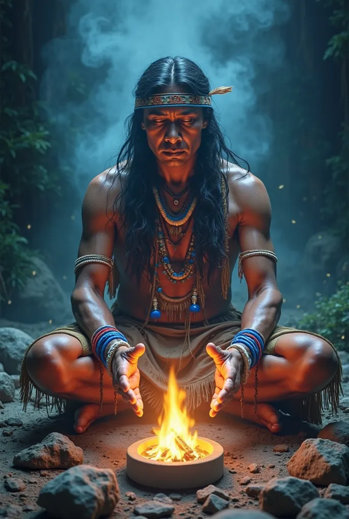 create an ultra realistic 64k image of an indigenous man sitting in a meditative position before a sacred fire, dressed in traditional clothing adorned with blue, red and white beads, fringes on the sides and a tribal band on the forehead. His long hair is...