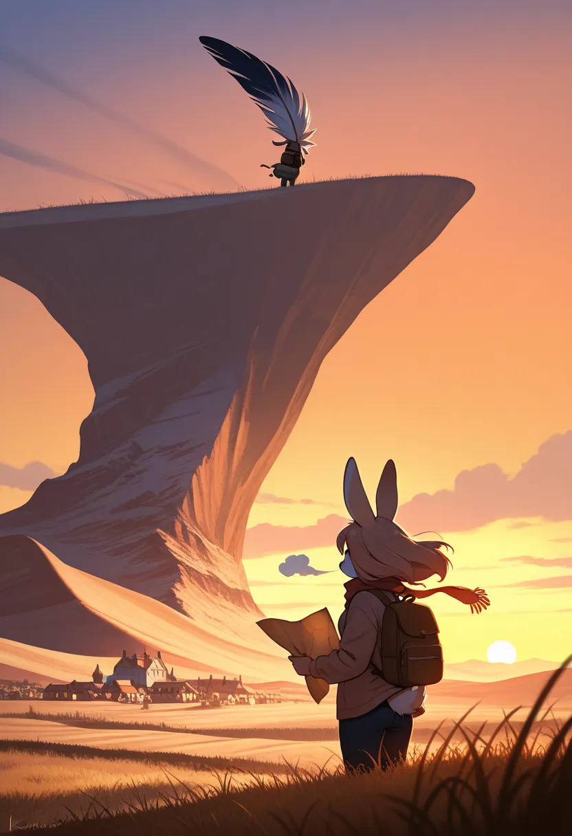 1girl, (furry, kemono:1.4), rabbit girl, animal nose, rabbit ears, backpack, traveler, scarf, wind blowing, riding a giant feather, flying in the sky, adventure, holding map, sunset sky, warm colors, scenic landscape, european village, grass field, desert,...