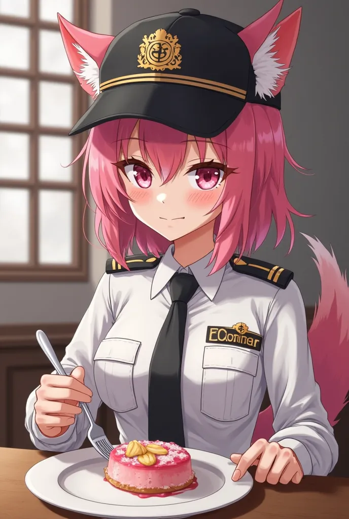 adult female prison guard, shot pixie pink hair, pink dog ear, pink dog tail, no human ears, close her eyes, white officer shirt and black tie, black officer baseball cap, She ate castella tn the plate with hold a Dessert fork, She sat on the officer table...