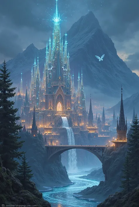 Valeris City of Starlight by river from book ACOTAR with Valeris Sacred mountain