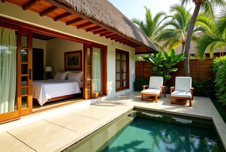 This photo shows a luxurious villa with a thatched roof, dominated by golden brown tones and traditional design. The villa has crisp white walls, which contrast beautifully with brown wooden door frames and windows. Inside the villa, the interior is modern...