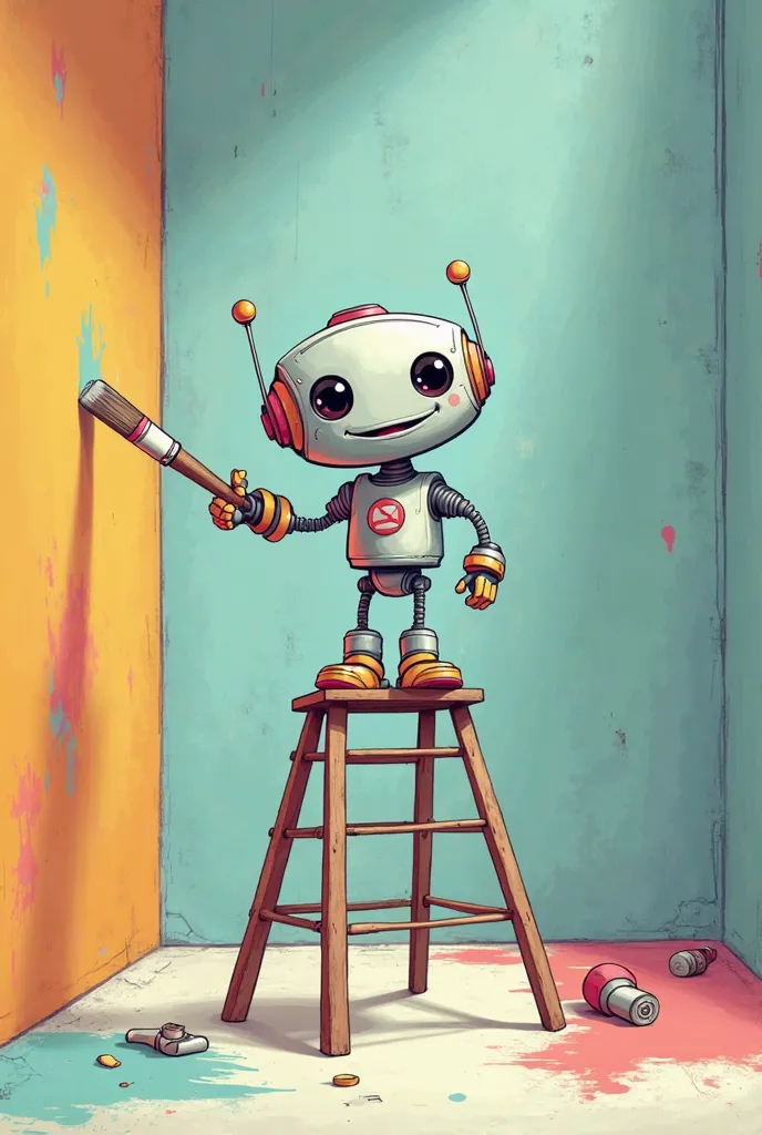 a cartoon robot on a ladder and painting\