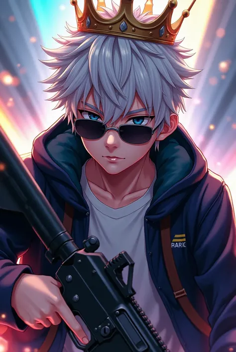 Wallpaper a anime boy with sunglasses and white striped hair and crown carry a ak 47 in hand