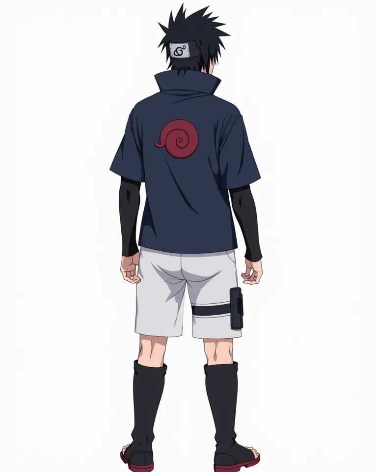 "A highly detailed anime-style front-facing full-body illustration of Sasuke Uchiha from Naruto Shippuden, standing in a straight and confident pose. He is wearing his signature outfit, which includes a dark blue high-collared shirt with an appliqued Uchih...