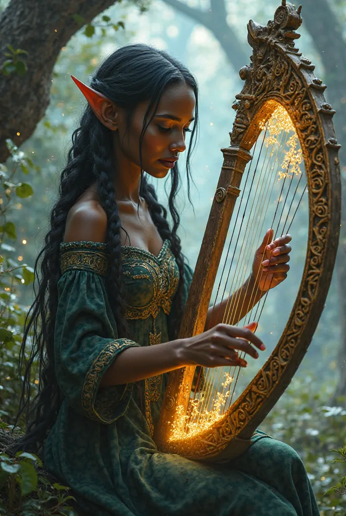 Dark skinned elf woman playing a harp