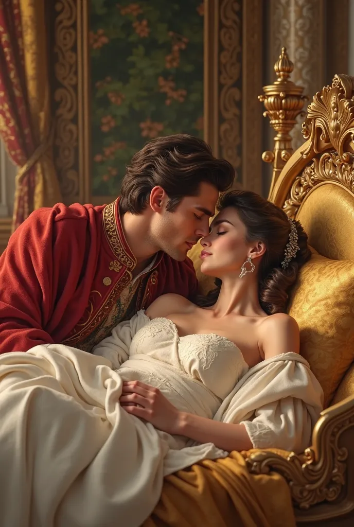 In the bedroom of a magnificent castle building on a golden bed there is a busy princess in a white robe who sleeps next to a handsome prince in a red robe who bends down to kiss the princess. 