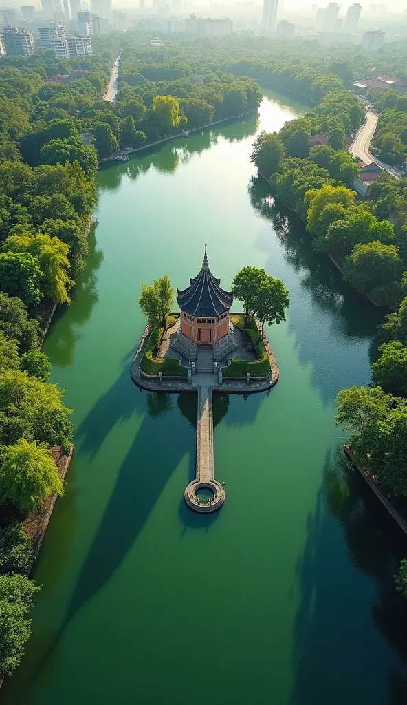 From a bird's-eye view, Hoan Kiem Lake shines like a jade gem in the heart of Hanoi. The tranquil, emerald waters reflect the sunlight, creating shimmering beams of light. Prominently standing in the middle of the lake is the ancient Turtle Tower, majestic...