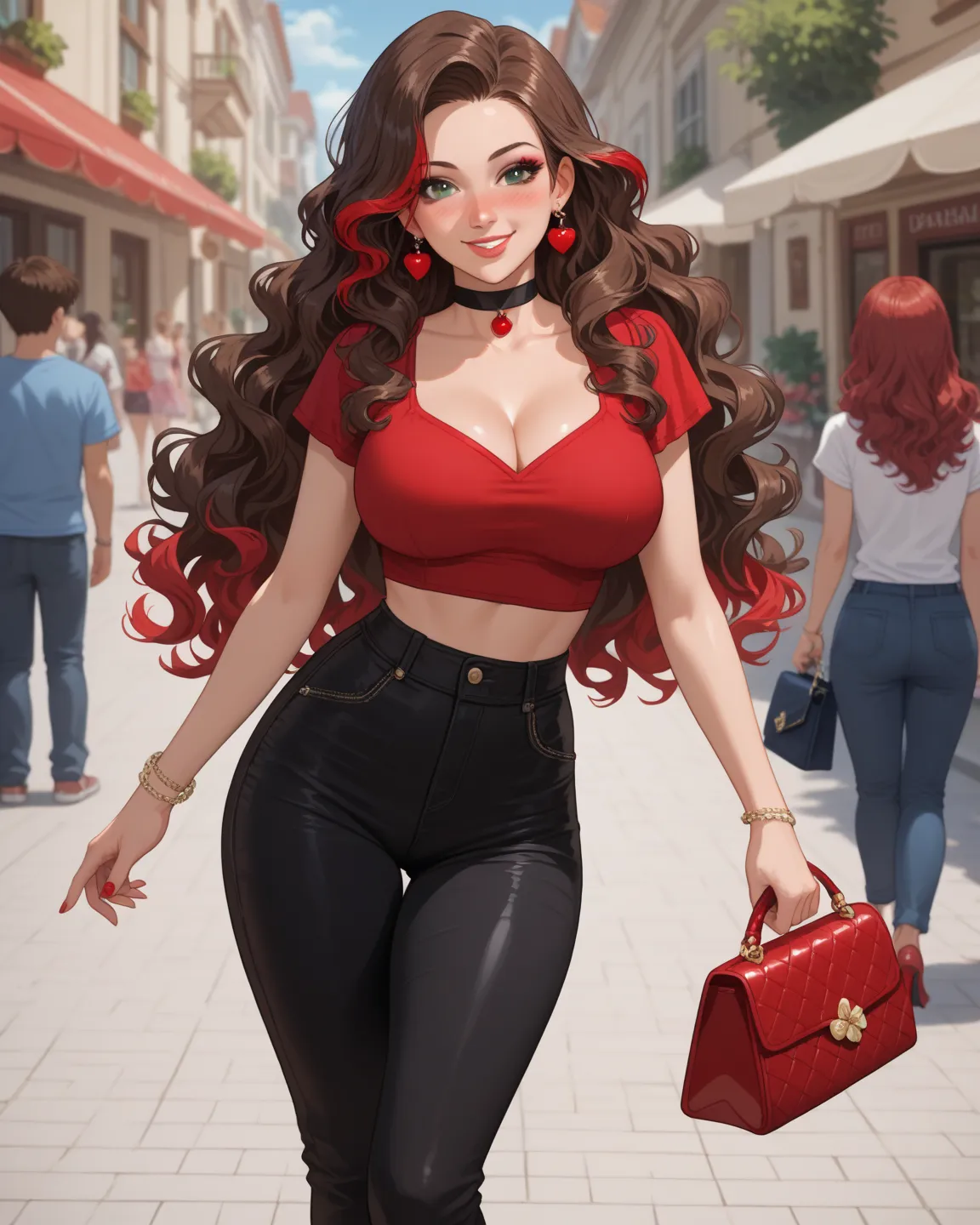 Anime girl in a red crop top and a red long pants with strawberries on the top and pants, she have on a black neck choker,and cherries shape earrings, she have long brown hair with red highlights in her hair, she have brown eyes,cherry lips and a red handb...