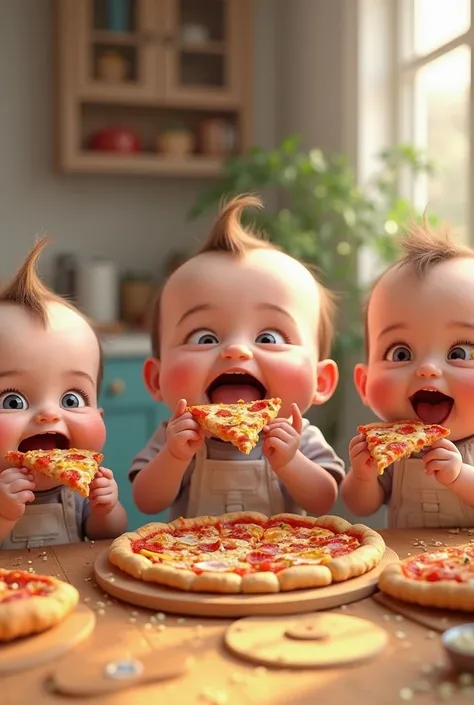 10 human babies eating 10 different pizza 