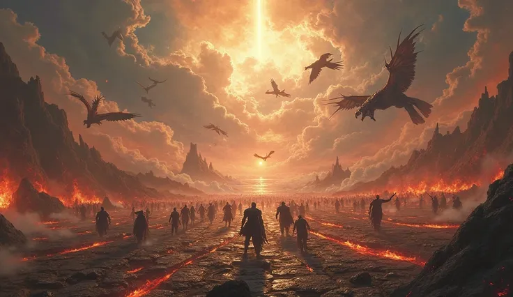 A sweeping, wide-angle view of the colossal battlefield. The ground is cracked and burning, with rivers of lava and towering flames scattered across the apocalyptic expanse. Divine warriors in radiant armor clash with grotesque demonic creatures in chaotic...