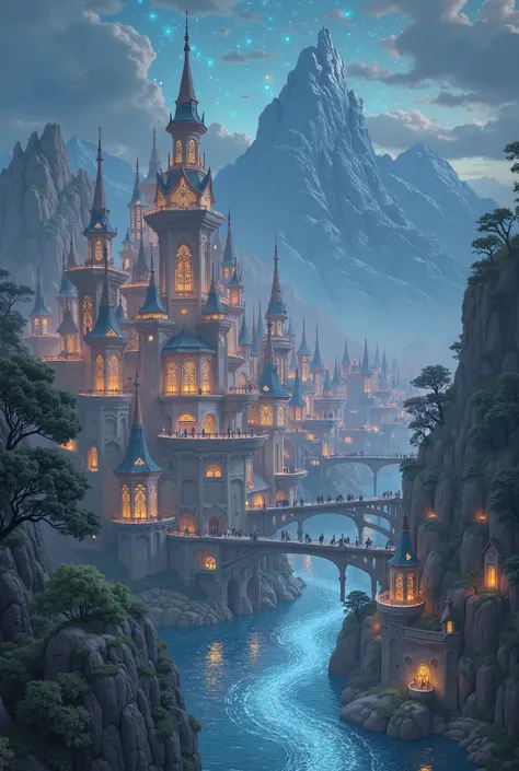 Valeris City of Starlight by river from book ACOTAR with Valeris Sacred mountain