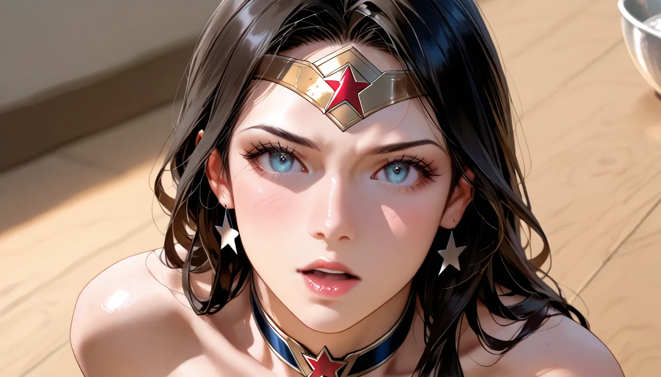 masterpiece, high image quality, beautiful faces、  Accurate Wonder Woman costume、Semen that has accumulated in a bowl、