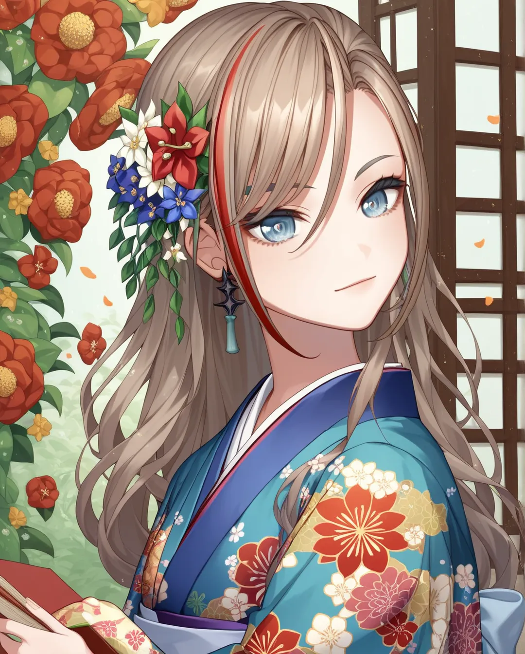 1 girl, Alone,
 Kurusu Natsume  ,    Japanese Clothes, long hair, hair ornaments close to the garden,  kimono, virtual YouTuber, flower,,  score_9,  score_8_up,  score_7_up,  score_6_up,  score_5_up,  score_4_up,