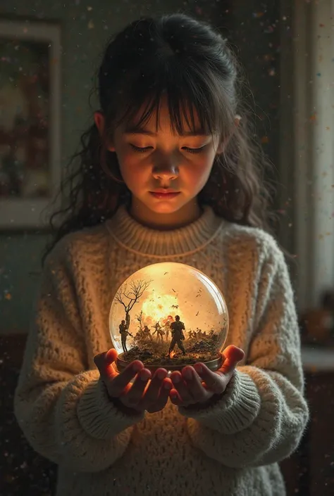 Make an image where a girl is holding a snow globe that has a battle field inside