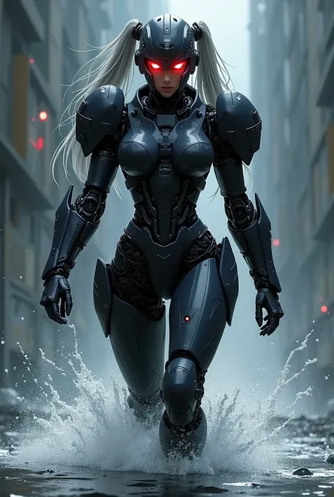 Japanese manga art of a futuristic female android warrior advancing through a dark battlefield. Her body is covered in heavy black armor, with sensors and weaponry mounted on her shoulders. A helmet-like armored headpiece shields her face, with cold, glowi...