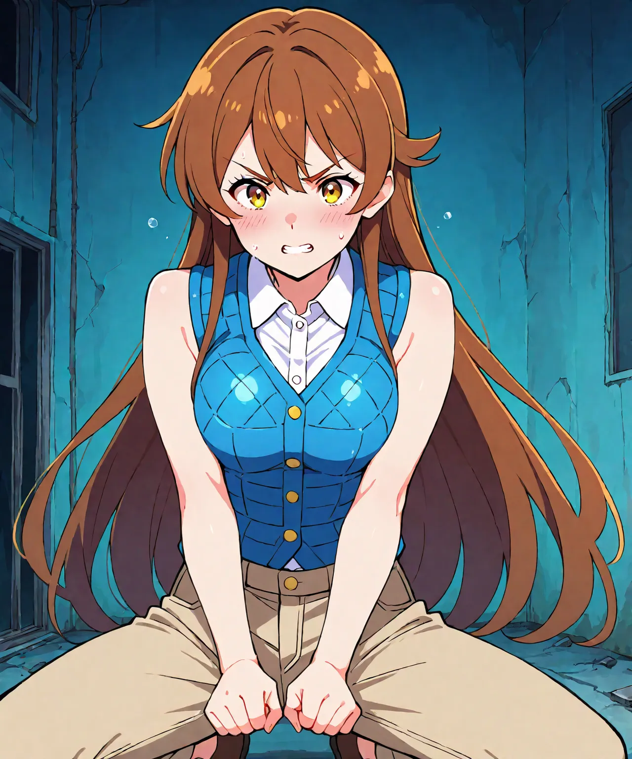 beautiful sexy anime girl with very long brown hair, wearing white sleeveless button up collared shirt with a blue quilted open vest over it & beige khaki pants, clenching her fists, idle fight pose, inside of a abandoned urban factory in a dark night sky,...