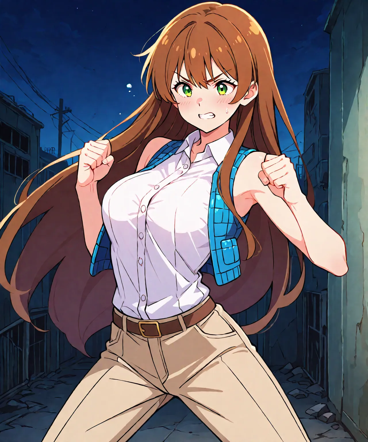 beautiful sexy anime girl with very long brown hair, wearing white sleeveless button up collared shirt with a blue quilted open vest over it & beige khaki pants, clenching her fists, idle fight pose, inside of a abandoned urban factory in a dark night sky,...