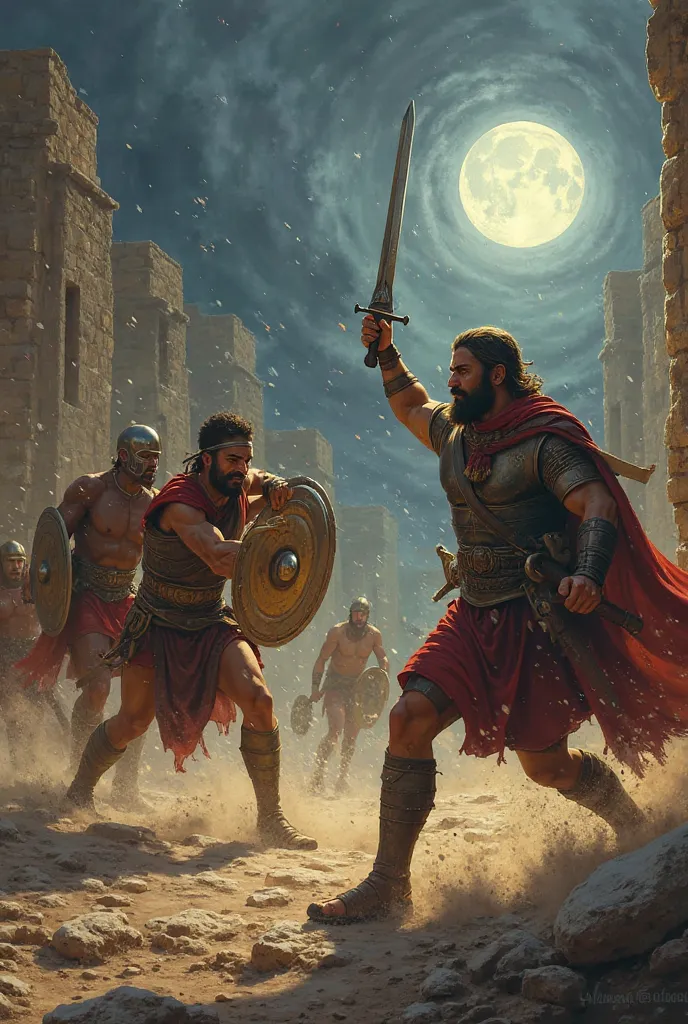 prompt:
“Three Hebrew warriors fiercely fighting Philistine soldiers in an ancient city. Swords clash, shields rise and dust fills the air. One of the heroes jumps on an enemy while another deflects a spear with his shield.  In the background, you see a wa...