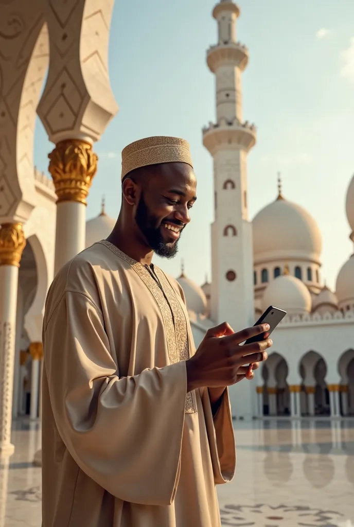 Realistic image of a black muslim Nigerian man smiling looking at his phone, standing close to a mosque