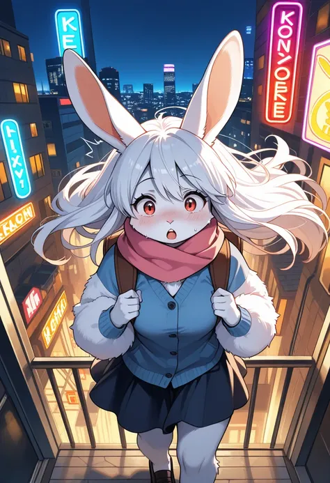 1girl, (furry, kemono:1.4), rabbit girl, animal nose, rabbit ears, backpack, traveler, oversized fluffy feather, struggling to keep balance, wind blowing wildly, hair flowing, surprised expression, scarf fluttering, belongings flying, cityscape background,...