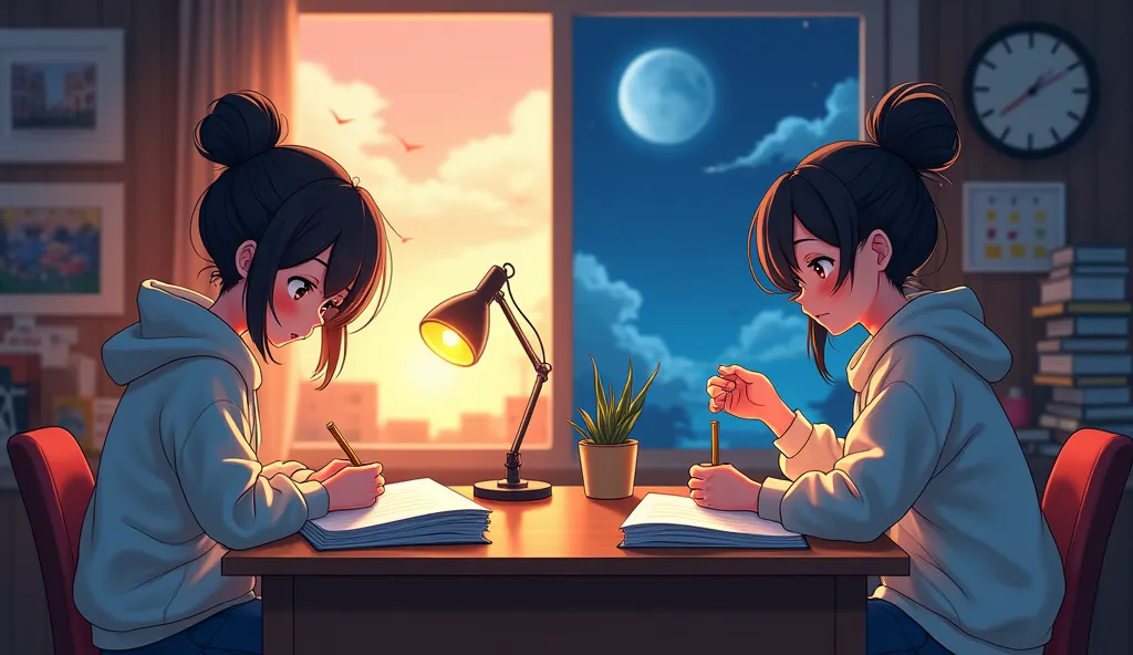 An anime-style girl sitting at a cozy study desk, transitioning from day to night. During the day, warm sunlight streams through a window, illuminating her books, notes, and a cup of tea. She looks focused, with a determined expression, her hair tied up in...